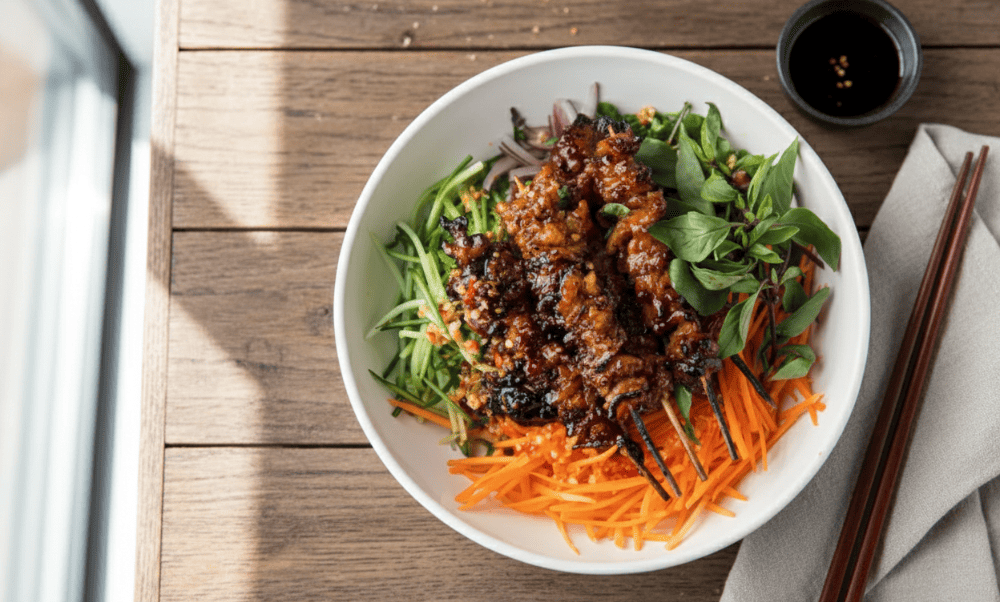 Perfect balance of savory grilled pork and fresh veggies